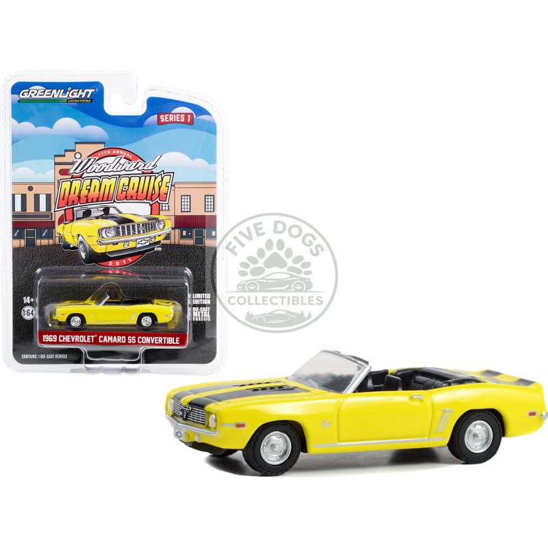 1969 chevrolet camaro ss convertible yellow with black stripes "17th annual woodward dream cruise featured heritage vehicle" (2011) "woodward dream cruise" series 1 1/64 diecast model car by greenlight