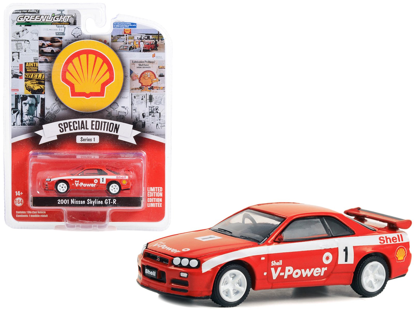 2001 nissan skyline gt r (r34) #1 red with white stripes "shell racing" "shell oil special edition" series 1 1/64 diecast model car by greenlight 2001 nissan skyline gt r (r34) #1 red with white stripes "shell racing" "shell oil special edition" series 1 1/64 diecast model car by greenlight