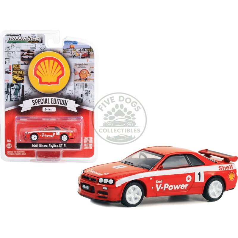 2001 nissan skyline gt r (r34) #1 red with white stripes "shell racing" "shell oil special edition" series 1 1/64 diecast model car by greenlight