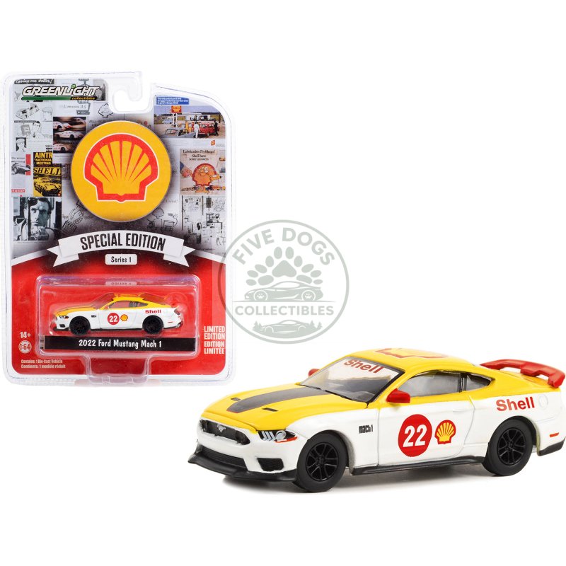 2022 ford mustang mach 1 #22 yellow and white "shell racing" "shell oil special edition" series 1 1/64 diecast model car by greenlight