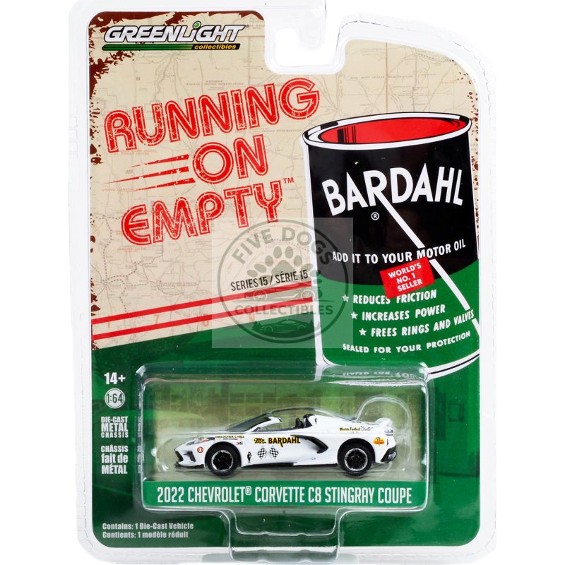 2022 chevrolet corvette c8 stingray convertible white with blue stripes and interior "mr. bardahl" "running on empty" series 15 1/64 diecast model car by greenlight