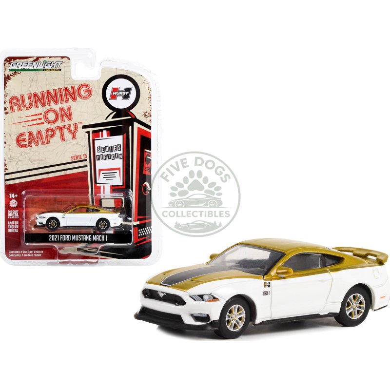 2021 ford mustang mach 1 white and gold with black stripe "hurst performance" "running on empty" series 15 1/64 diecast model car by greenlight
