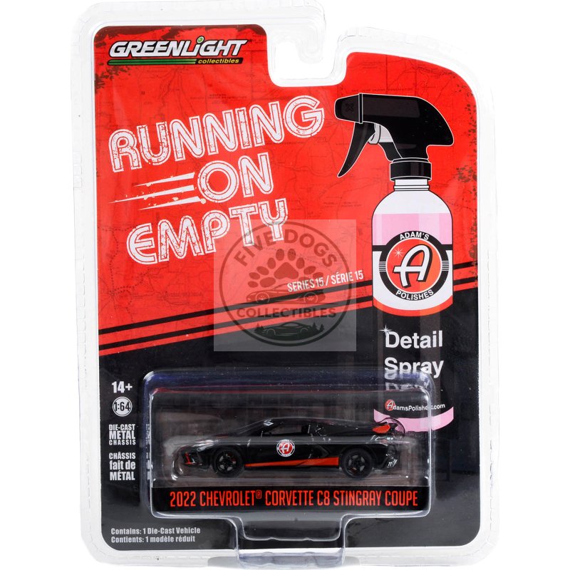 2022 chevrolet corvette c8 stingray coupe black with red stripes "adam's polishes" "running on empty" series 15 1/64 diecast model car by greenlight