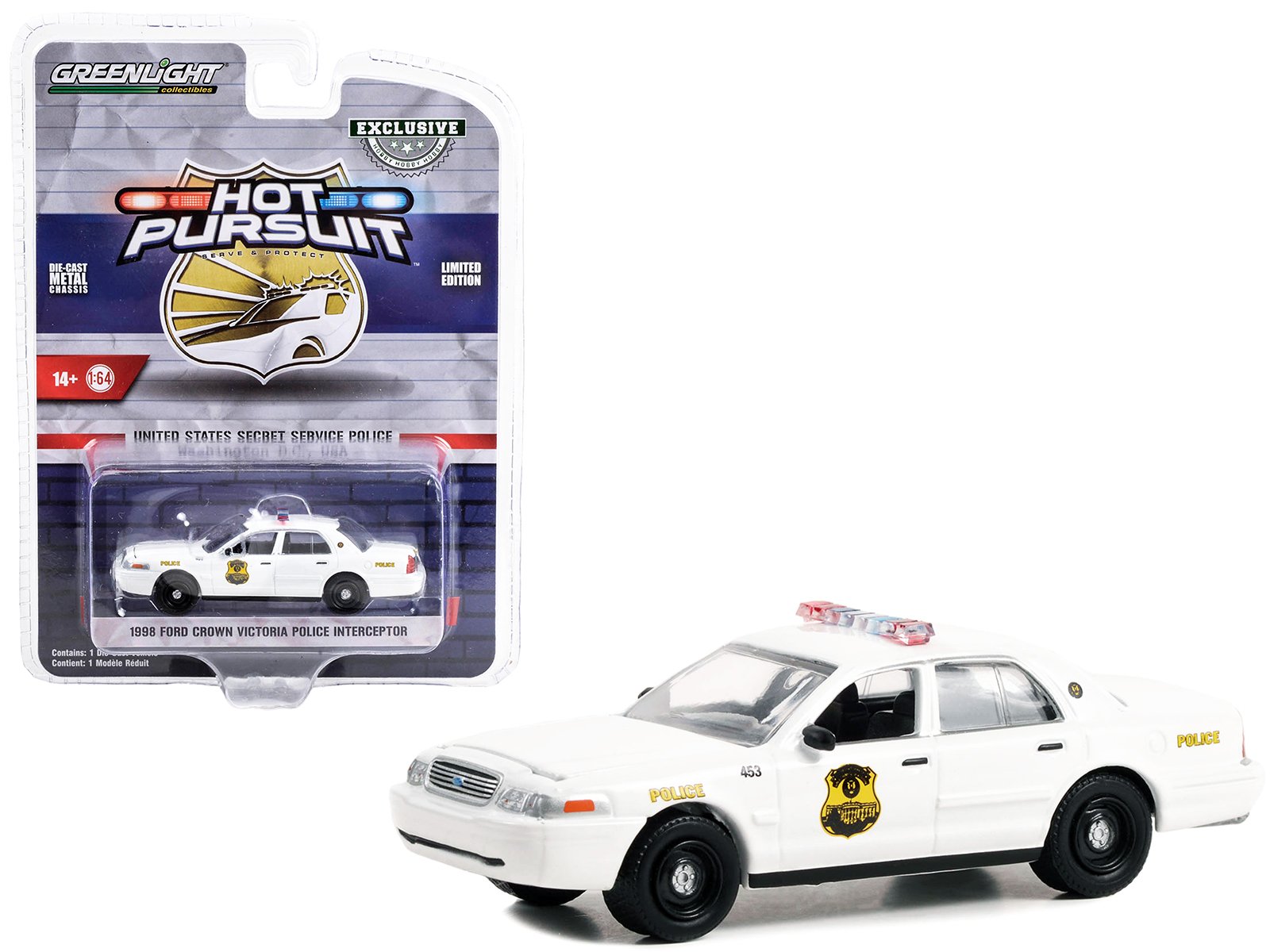 1998 ford crown victoria police interceptor white "united states secret service police" washington dc "hot pursuit" special edition 1/64 diecast model car by greenlight 1998 ford crown victoria police interceptor white "united states secret service police" washington dc "hot pursuit" special edition 1/64 diecast model car by greenlight