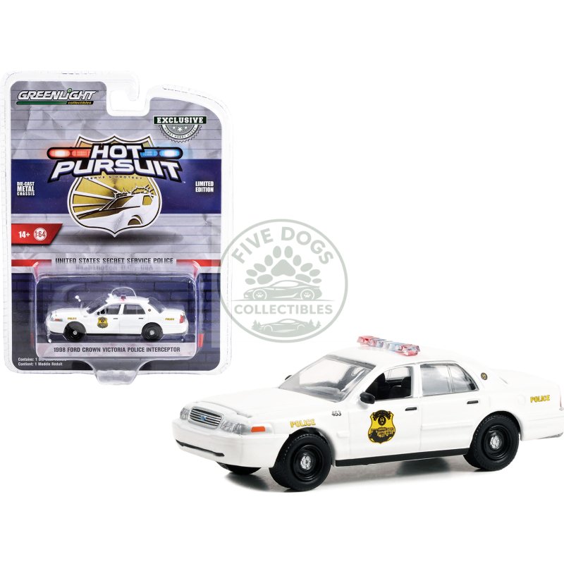 1998 ford crown victoria police interceptor white "united states secret service police" washington dc "hot pursuit" special edition 1/64 diecast model car by greenlight