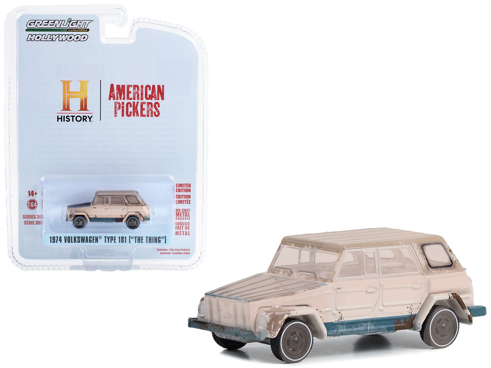 1974 volkswagen thing (type 181) beige (weathered) "american pickers" (2010 current) tv series "hollywood series" release 39 1/64 diecast model car by greenlight 1974 volkswagen thing (type 181) beige (weathered) "american pickers" (2010 current) tv series "hollywood series" release 39 1/64 diecast model car by greenlight