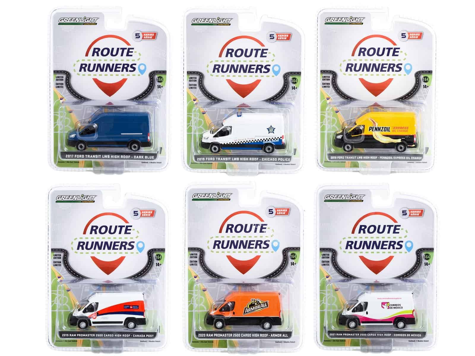 Route Runners diecast vehicle collection for kids and collectors, featuring detailed miniature trucks and emergency vehicles. "Route Runners" Set of 6 Vans Series 5 1/64 Diecast Model Cars by Greenlight - Image 2