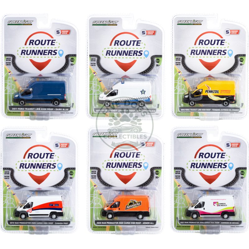"route runners" set of 6 vans series 5 1/64 diecast model cars by greenlight