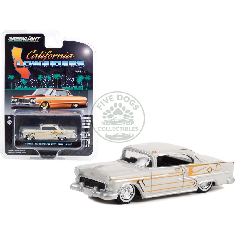 1955 chevrolet bel air custom light gray metallic and gold graphics "california lowriders" series 2 1/64 diecast model car by greenlight