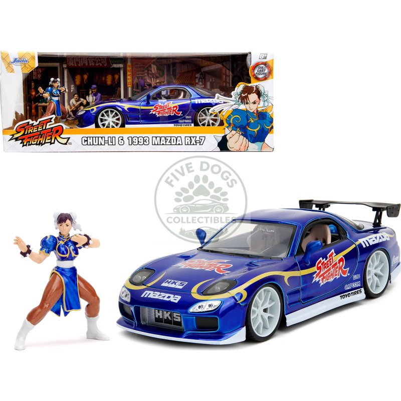 1993 mazda rx 7 candy blue metallic with graphics and chun li diecast figure "street fighter" video game "anime hollywood rides" series 1/24 diecast model car by jada