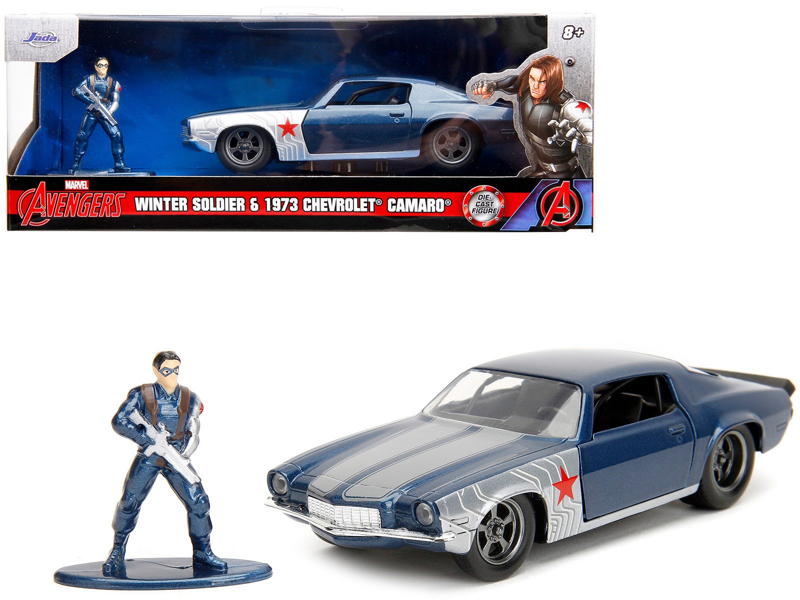 1973 chevrolet camaro dark blue metallic with gray stripes and winter soldier diecast figure "marvel avengers" "hollywood rides" series 1/32 diecast model car by jada 1973 chevrolet camaro dark blue metallic with gray stripes and winter soldier diecast figure "marvel avengers" "hollywood rides" series 1/32 diecast model car by jada