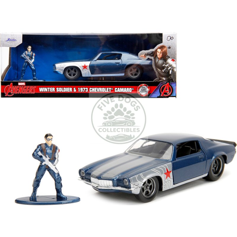 1973 chevrolet camaro dark blue metallic with gray stripes and winter soldier diecast figure "marvel avengers" "hollywood rides" series 1/32 diecast model car by jada