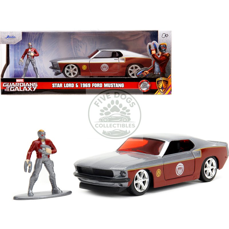1969 ford mustang silver metallic and dark red and star lord diecast figure "marvel guardians of the galaxy" "hollywood rides" series 1/32 diecast model car by jada
