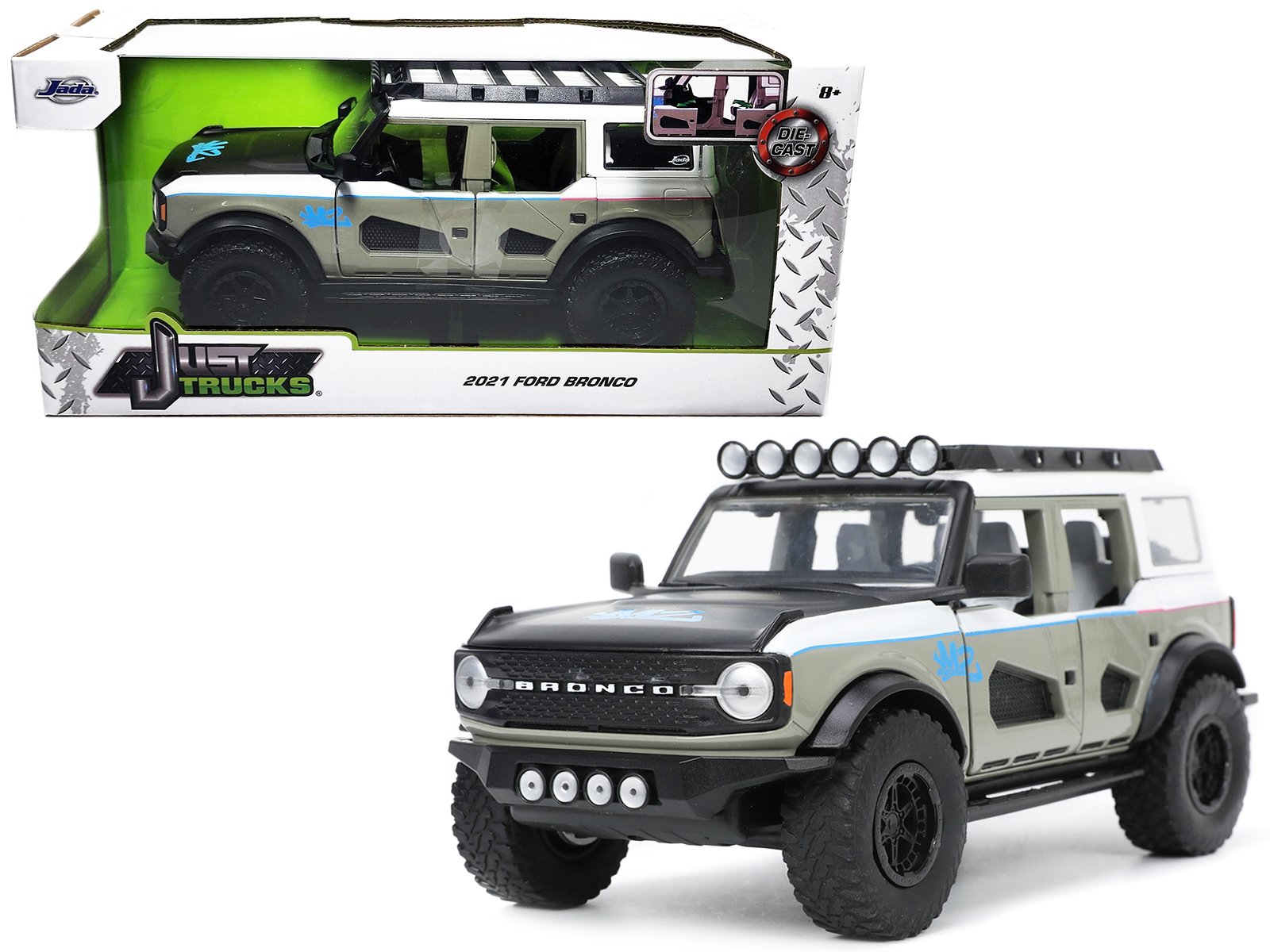 2021 ford bronco gray and white with matt black hood with roof rack "m2 motoring" "just trucks" series 1/24 diecast model car by jada 2021 ford bronco gray and white with matt black hood with roof rack "m2 motoring" "just trucks" series 1/24 diecast model car by jada