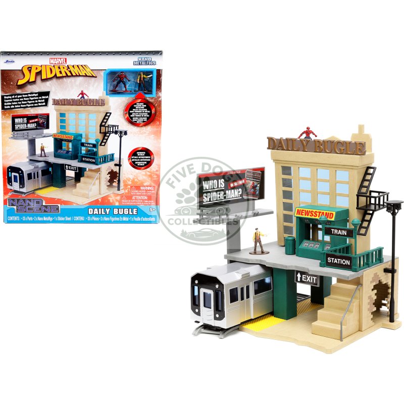 "daily bugle" and subway diorama set with spider man and j. jonah jameson diecast figures "marvel's spider man" "nano scene" series models by jada