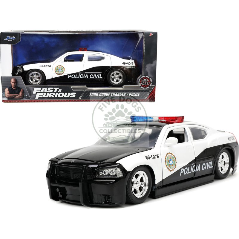 2006 dodge charger police black and white "policia civil" "fast & furious" series 1/24 diecast model car by jada