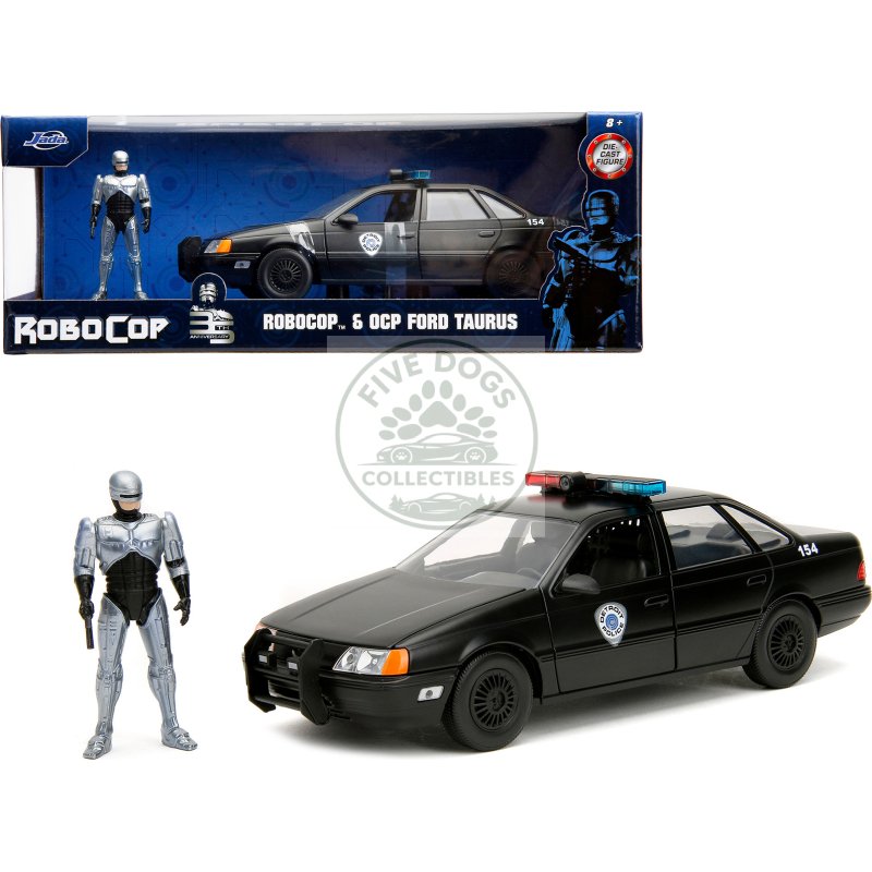 ford taurus ocp matt black "detroit police" and robocop diecast figure 35th anniversary "robocop" (1987) movie "hollywood rides" series 1/24 diecast model car by jada