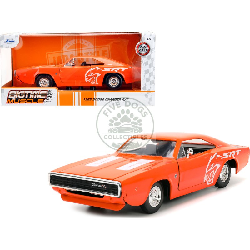 1968 dodge charger r/t srt orange with white stripes and graphics "bigtime muscle" series 1/24 diecast model car by jada