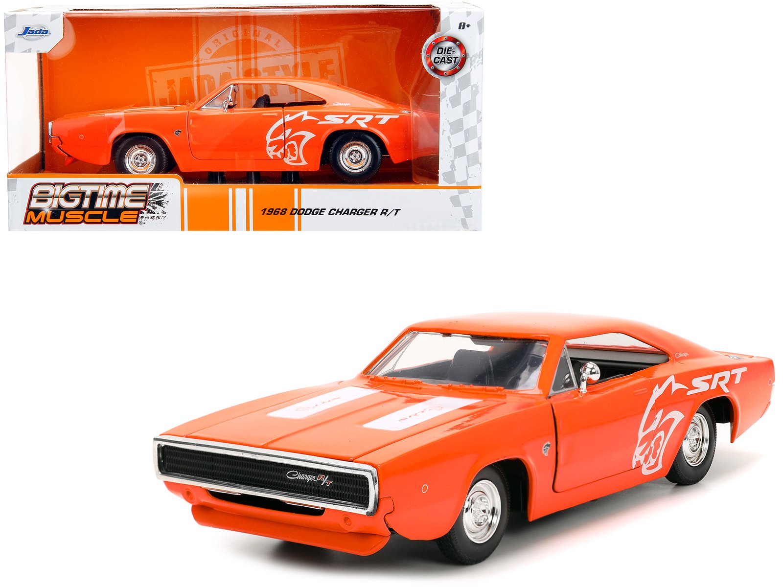 1968 dodge charger r/t srt orange with white stripes and graphics "bigtime muscle" series 1/24 diecast model car by jada 1968 dodge charger r/t srt orange with white stripes and graphics "bigtime muscle" series 1/24 diecast model car by jada