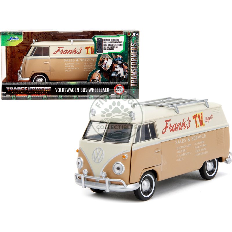 volkswagen bus "wheeljack" tan and beige "frank's tv repair" "transformers: rise of the beasts" (2023) movie "hollywood rides" series 1/32 diecast model car by jada
