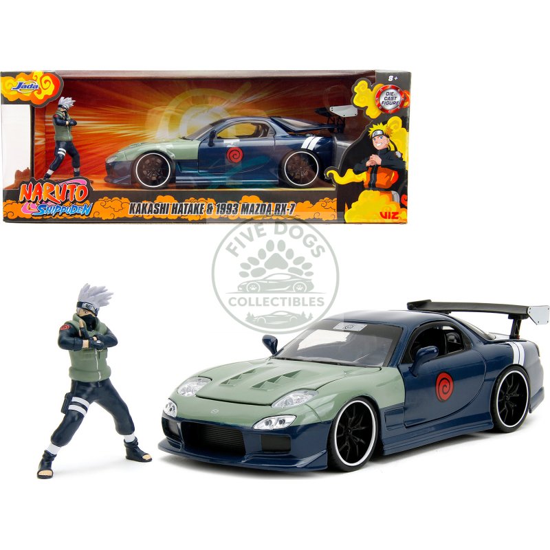 1993 mazda rx 7 dark blue with green hood and kakashi hatake diecast figure "naruto shippuden" (2009 2017) tv series "anime hollywood rides" series 1/24 diecast model car by jada