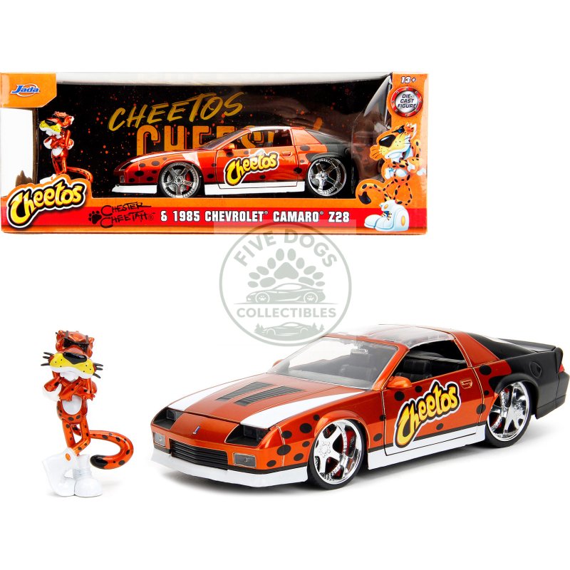 1985 chevrolet camaro z/28 orange metallic with graphics and chester cheetah diecast figure "cheetos" "hollywood rides" series 1/24 diecast model car by jada