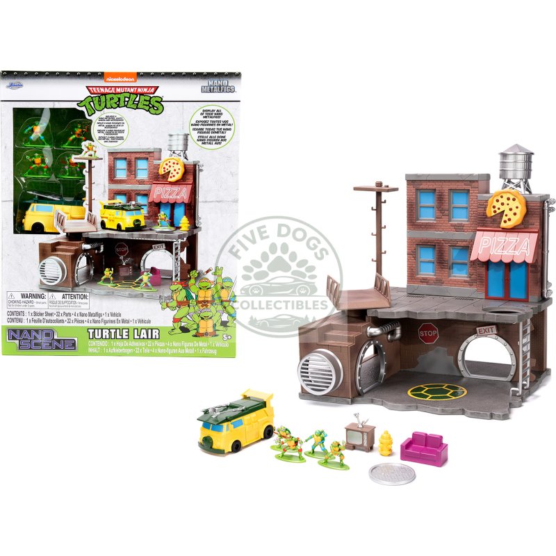 "teenage mutant ninja turtles" turtle lair diorama set with figures and party wagon "nano scene" series model by jada