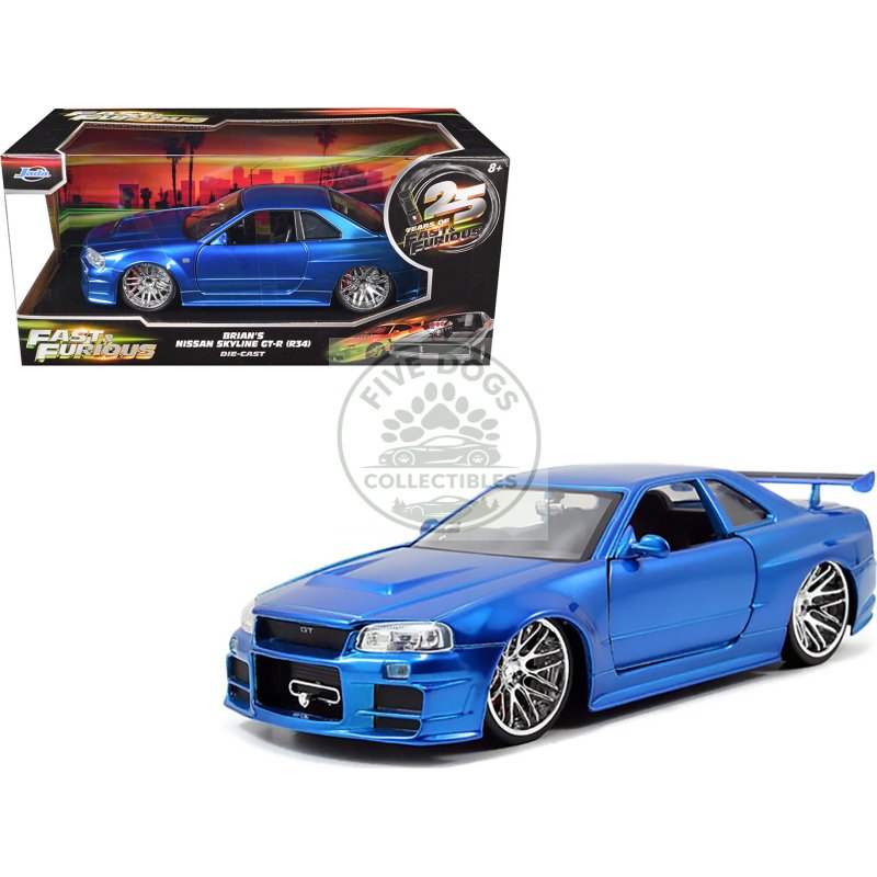 brian's nissan gtr skyline r34 rhd (right hand drive) blue "fast & furious" movie 1/24 diecast model car by jada