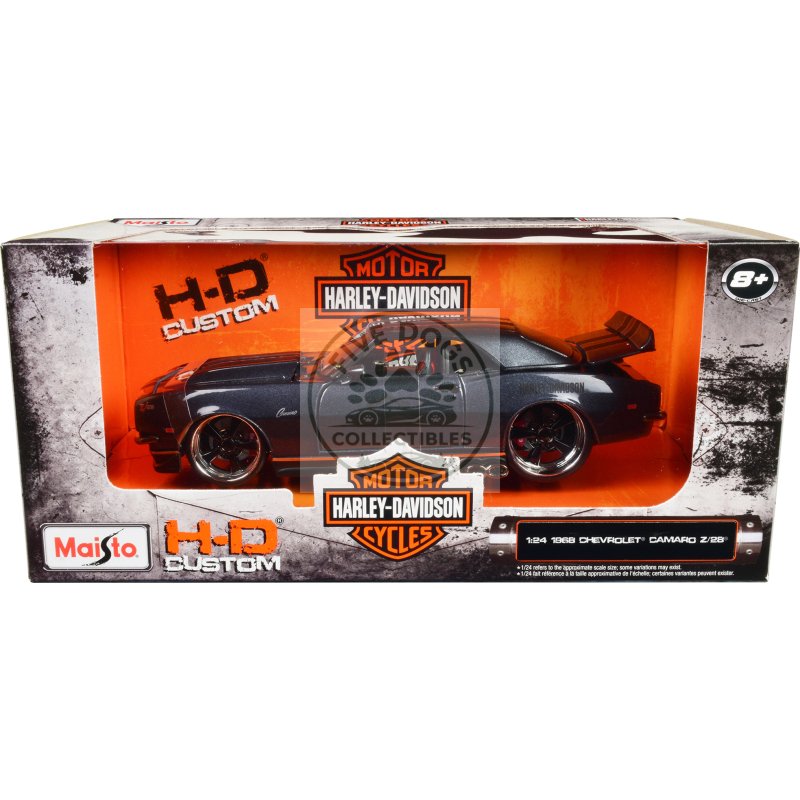 1968 chevrolet camaro z/28 dark gray metallic with black and orange stripes "harley davidson" "h d custom" 1/24 diecast model car by maisto
