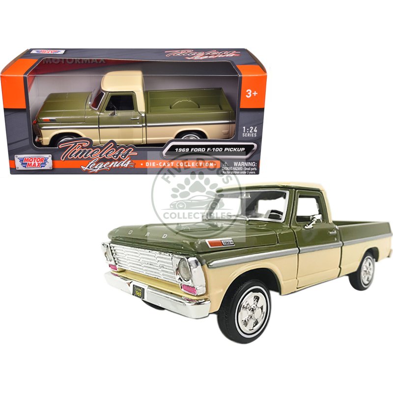 1969 ford f 100 pickup truck light green and cream 1/24 diecast model car by motormax