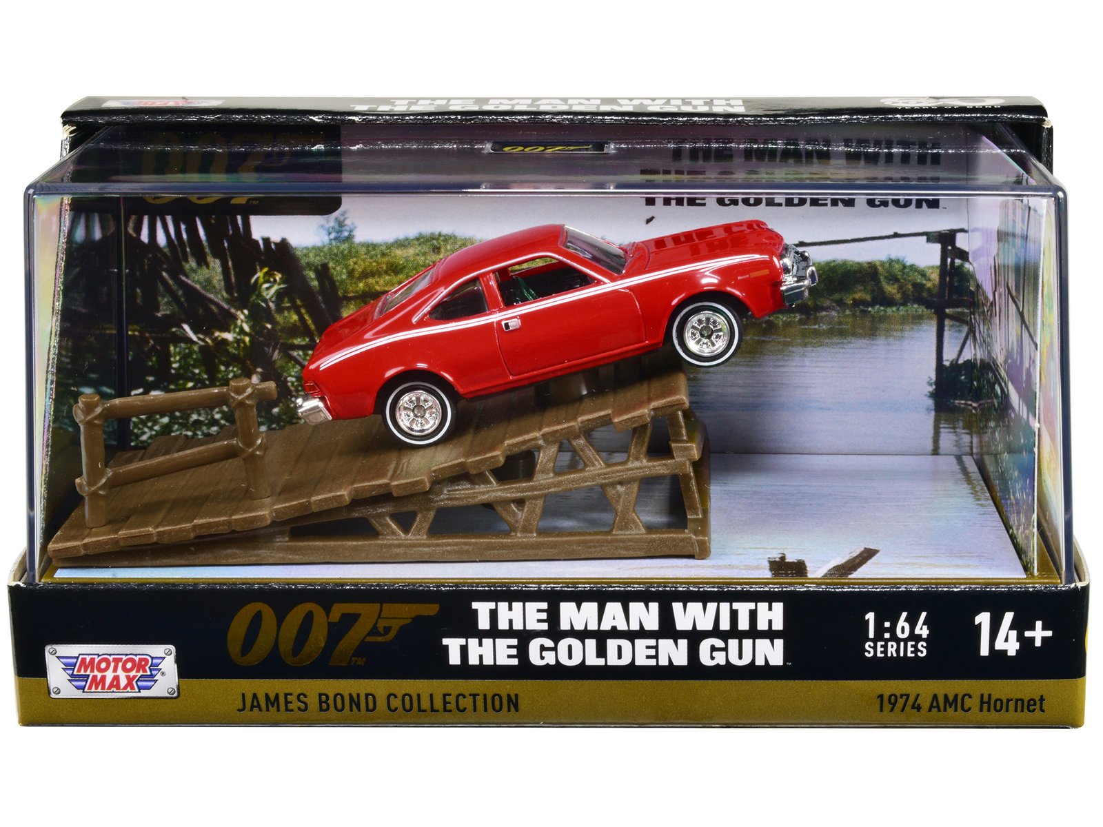 1974 amc hornet red with white stripes james bond 007 "the man with the golden gun" (1974) movie with display 1/64 diecast model car by motormax 1974 amc hornet red with white stripes james bond 007 "the man with the golden gun" (1974) movie with display 1/64 diecast model car by motormax