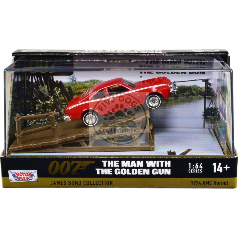 1974 amc hornet red with white stripes james bond 007 "the man with the golden gun" (1974) movie with display 1/64 diecast model car by motormax