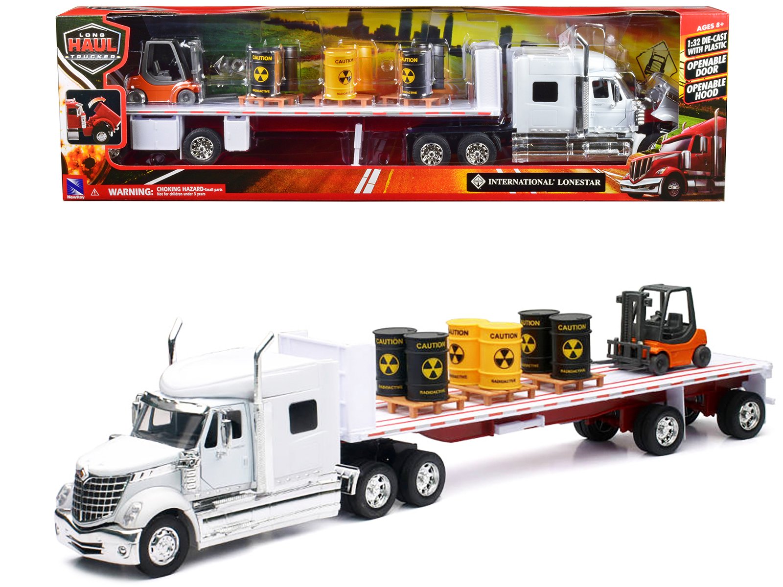 international lonestar flatbed truck white with 6 toxic barrels 3 pallets and forklift "long haul trucker" series 1/32 diecast model by new ray international lonestar flatbed truck white with 6 toxic barrels 3 pallets and forklift "long haul trucker" series 1/32 diecast model by new ray