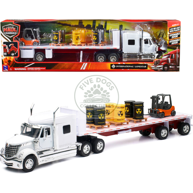 international lonestar flatbed truck white with 6 toxic barrels 3 pallets and forklift "long haul trucker" series 1/32 diecast model by new ray