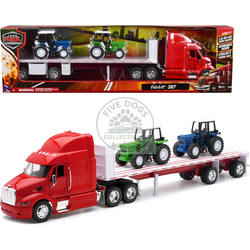 peterbilt 387 flatbed truck red with 2 farm tractors blue and green "long haul trucker" series 1/32 diecast model by new ray