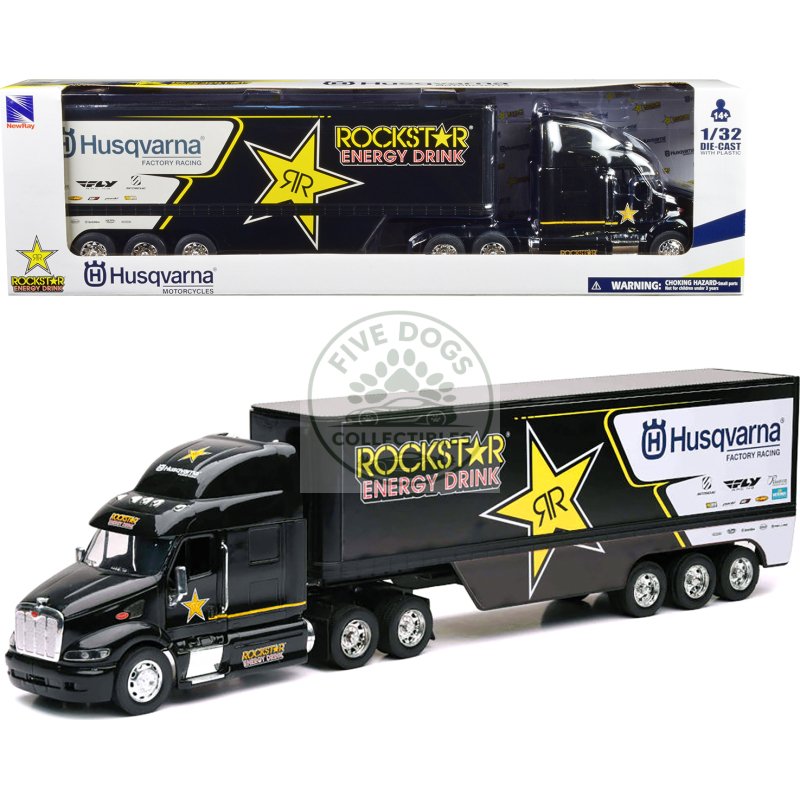 peterbilt 387 semi truck black "rockstar energy drink husqvarna factory racing" 1/32 diecast model by new ray
