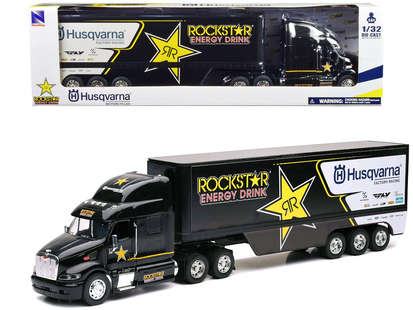 peterbilt 387 semi truck black "rockstar energy drink husqvarna factory racing" 1/32 diecast model by new ray peterbilt 387 semi truck black "rockstar energy drink husqvarna factory racing" 1/32 diecast model by new ray