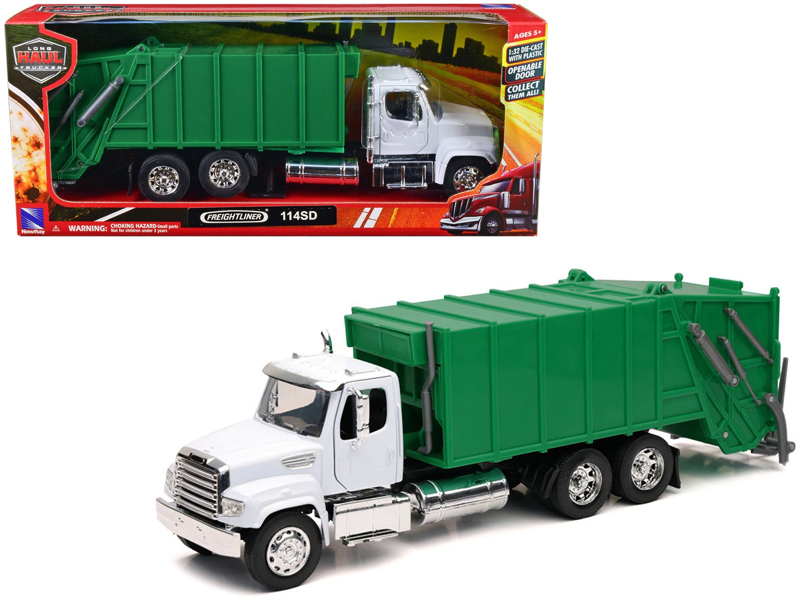 freightliner 114sd garbage truck white and green "long haul trucker" series 1/32 diecast model by new ray freightliner 114sd garbage truck white and green "long haul trucker" series 1/32 diecast model by new ray