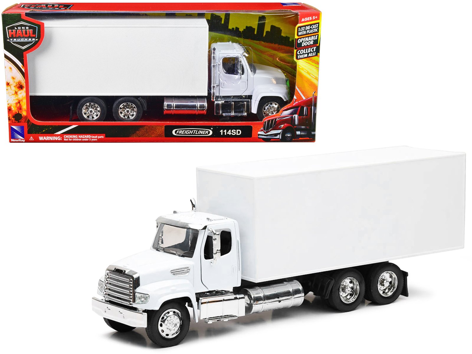 freightliner 114sd box truck white "long haul trucker" series 1/32 diecast model by new ray freightliner 114sd box truck white "long haul trucker" series 1/32 diecast model by new ray