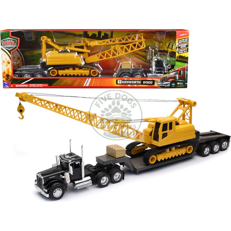 kenworth w900 truck with lowboy trailer black and crane yellow "long haul trucker" series 1/32 diecast model by new ray