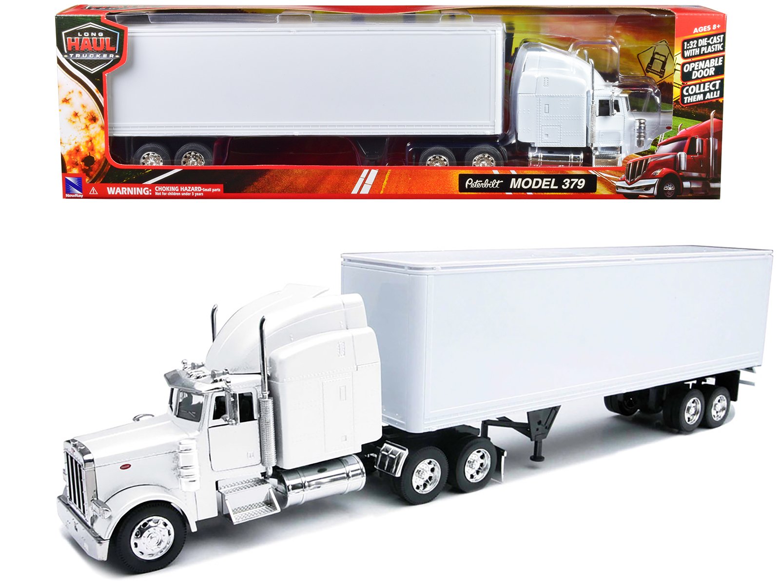 peterbilt 379 truck with dry goods trailer white "long haul trucker" series 1/32 diecast model by new ray peterbilt 379 truck with dry goods trailer white "long haul trucker" series 1/32 diecast model by new ray