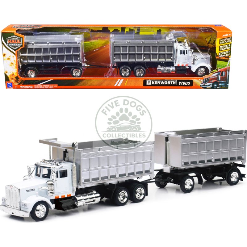 kenworth w900 dump truck with twin dump body white and chrome "long haul trucker" series 1/43 diecast model by new ray