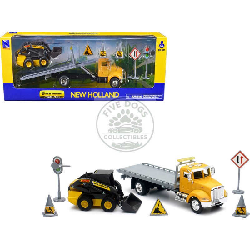 peterbilt roll off flatbed truck yellow and new holland l228 skid steer yellow with road signs "new holland construction" series 1/43 diecast model by new ray