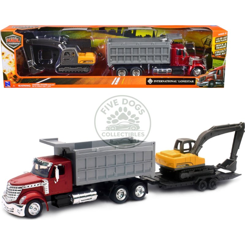 international lonestar dump truck red and tracked excavator yellow with flatbed trailer "long haul truckers" series 1/43 diecast model by new ray