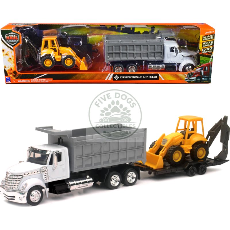 international lonestar dump truck white and wheel loader yellow with flatbed trailer "long haul truckers" series 1/43 diecast model by new ray