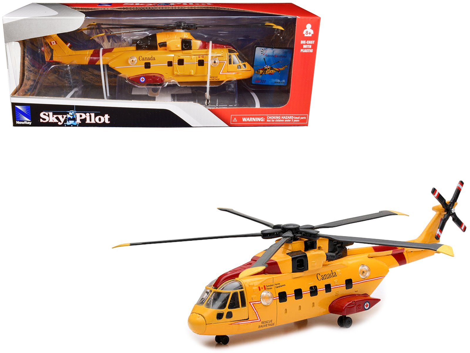 agustawestland aw101 (eh101) helicopter yellow "canada forces search & rescue" "sky pilot" series 1/72 diecast model by new ray agustawestland aw101 (eh101) helicopter yellow "canada forces search & rescue" "sky pilot" series 1/72 diecast model by new ray