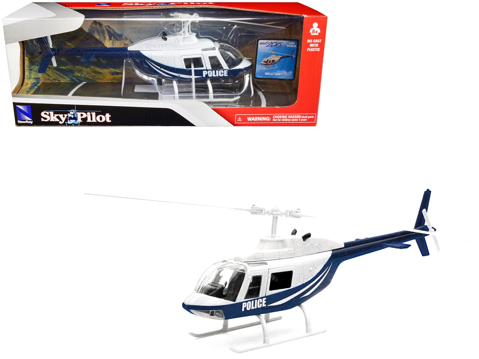bell 206 helicopter dark blue and white "police" "sky pilot" series 1/34 diecast model by new ray bell 206 helicopter dark blue and white "police" "sky pilot" series 1/34 diecast model by new ray