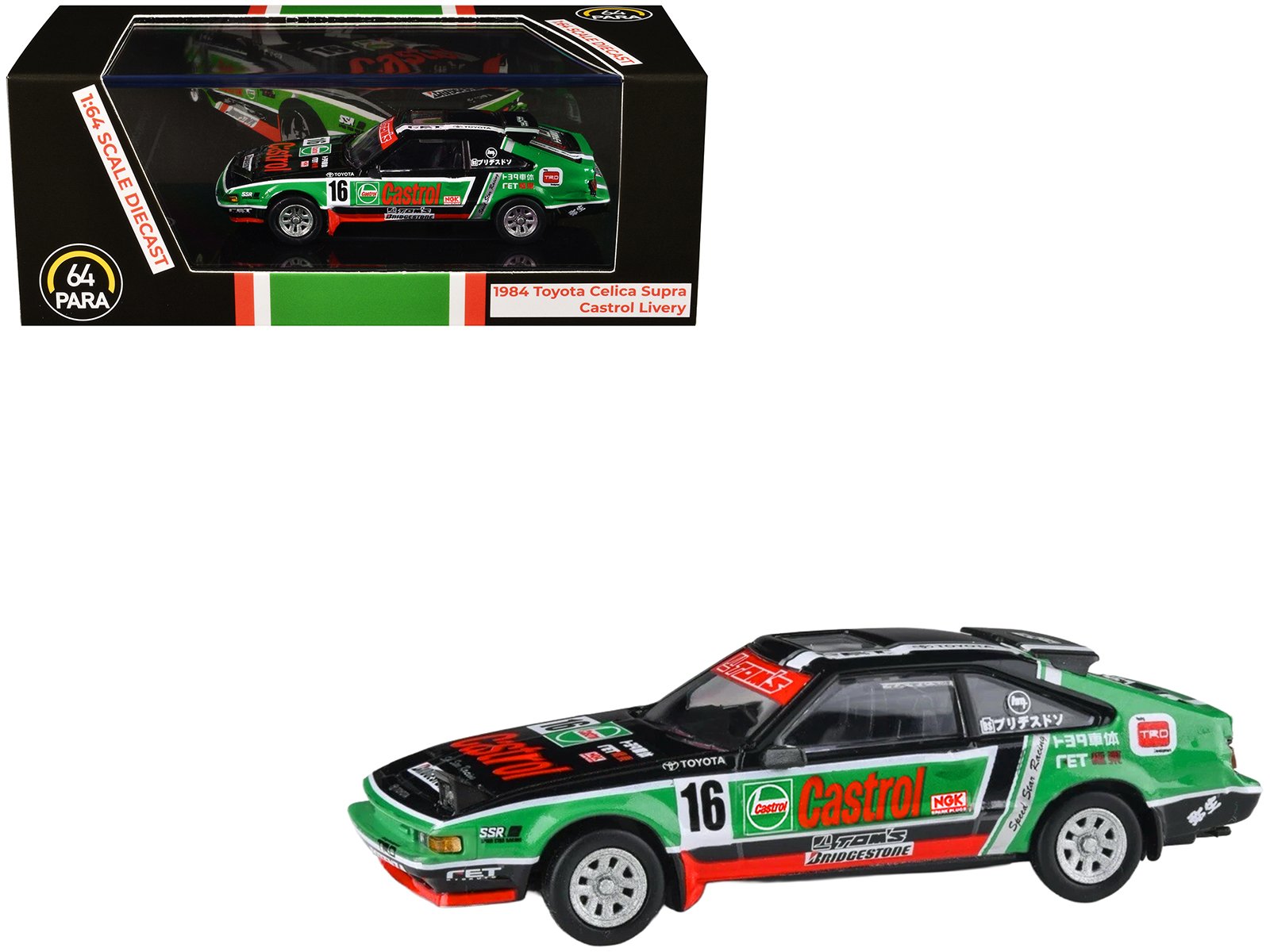 1984 toyota celica supra #16 "castrol livery" black and green with graphics 1/64 diecast model car by paragon models 1984 toyota celica supra #16 "castrol livery" black and green with graphics 1/64 diecast model car by paragon models