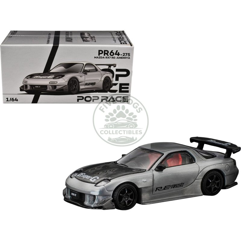 mazda rx 7 re amemiya rhd (right hand drive) silver metallic with carbon hood "japan minicar a gogo exclusive" 1/64 diecast model car by pop race