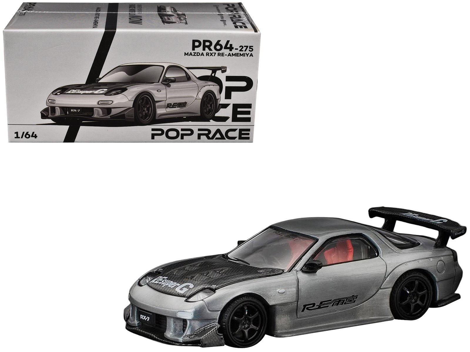 mazda rx 7 re amemiya rhd (right hand drive) silver metallic with carbon hood "japan minicar a gogo exclusive" 1/64 diecast model car by pop race mazda rx 7 re amemiya rhd (right hand drive) silver metallic with carbon hood "japan minicar a gogo exclusive" 1/64 diecast model car by pop race